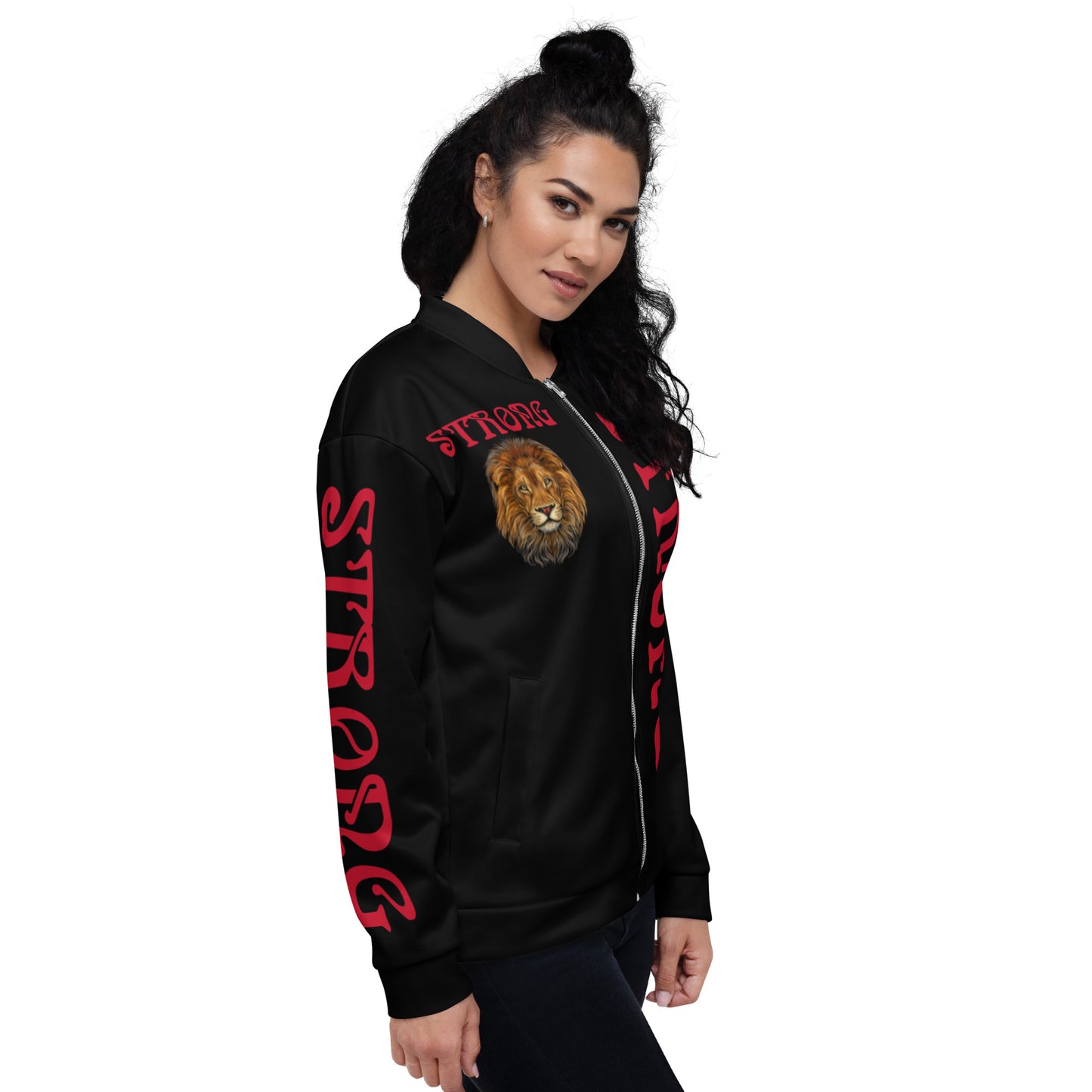 “STRONG”Black Unisex Bomber Jacket W/Double-Sided Red Font