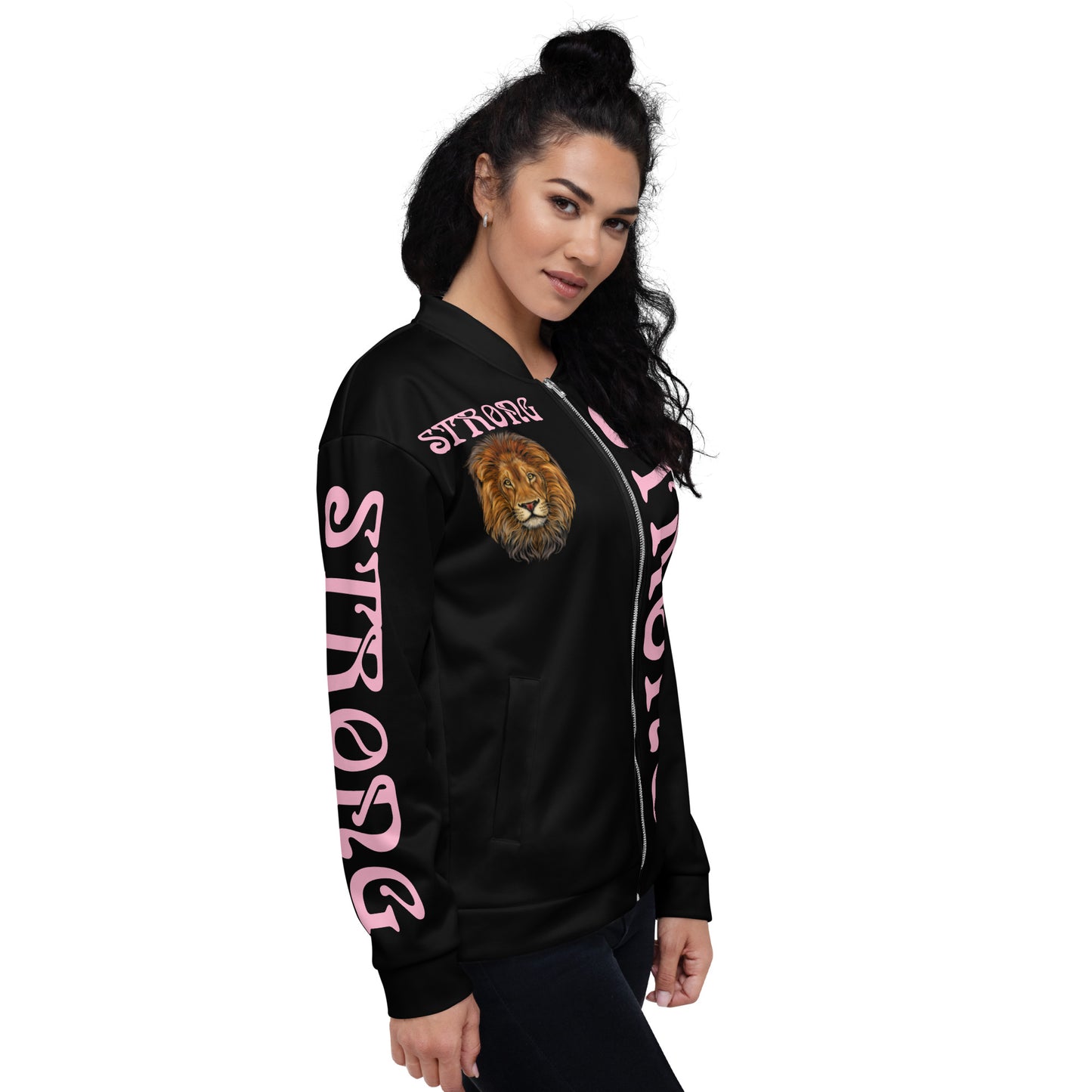 “STRONG”Black Unisex Bomber Jacket W/Cotton Candy Font