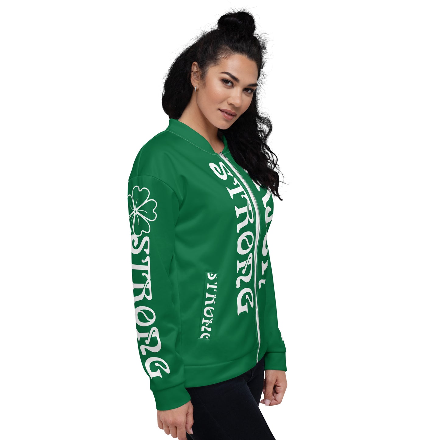 “STRONG IRISH”Green Unisex Bomber Jacket W/White Font