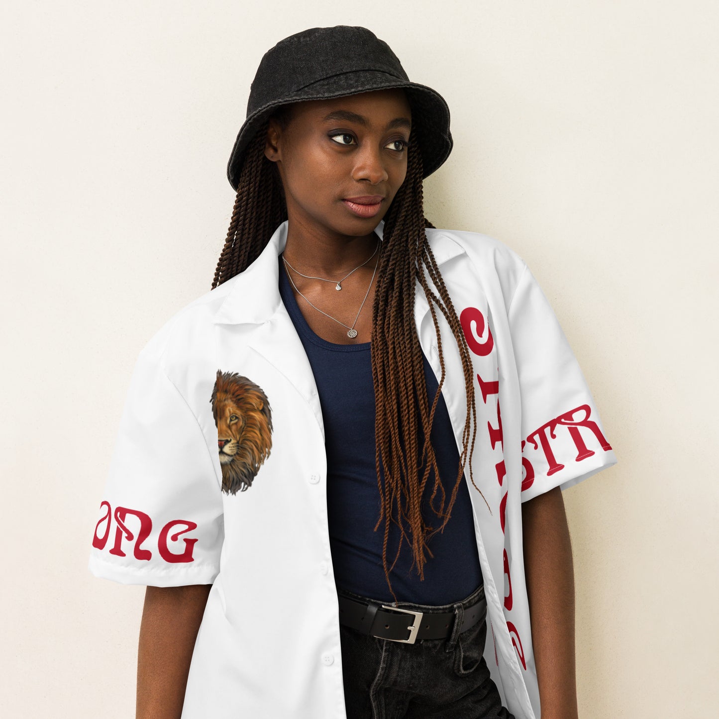 “STRONG” White Unisex Button Shirt W/Red Font