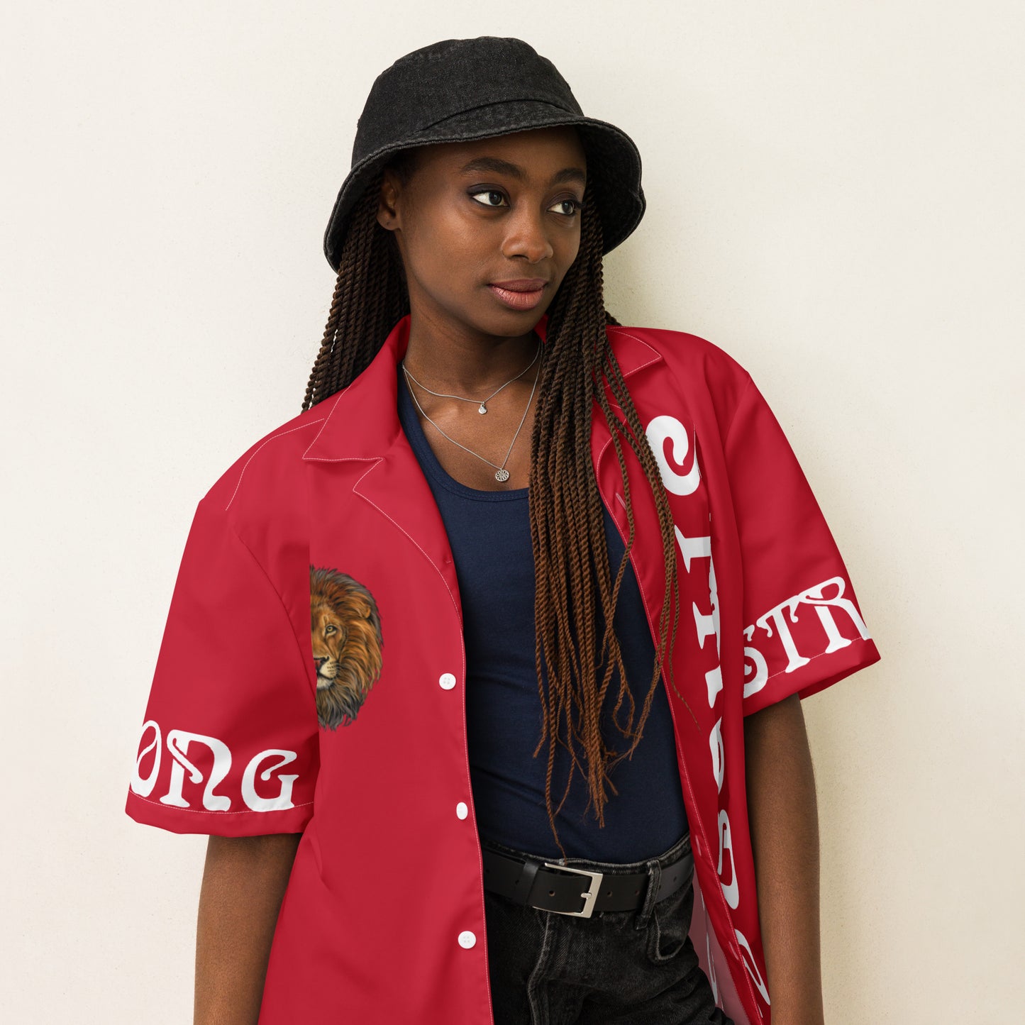 “STRONG” Red Unisex Button Shirt W/White Font