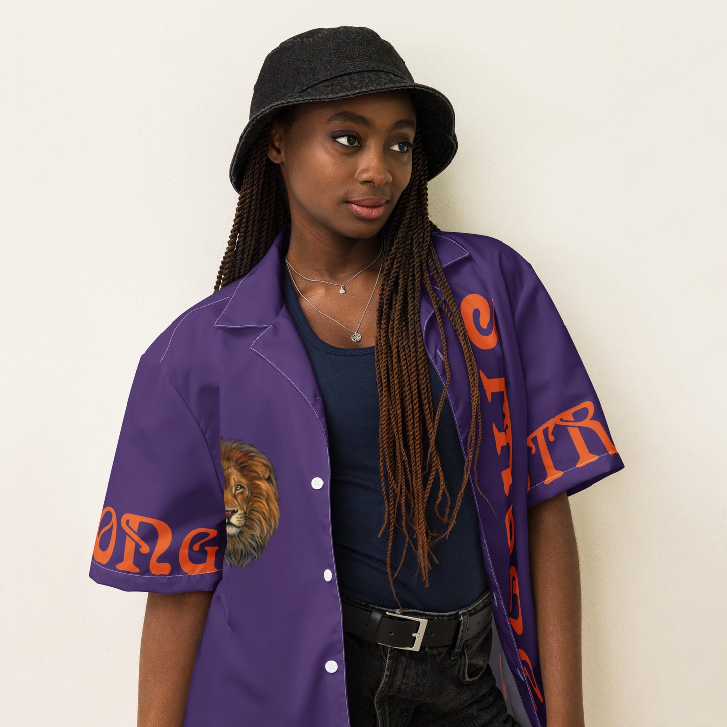 “STRONG” Purple Unisex Button Shirt W/Orange Font