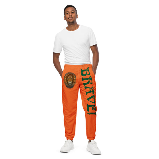 “BRAVE!”Orange Unisex Track Pants W/Green Font