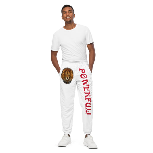 “POWERFUL!”White Unisex Track Pants W/Red Font