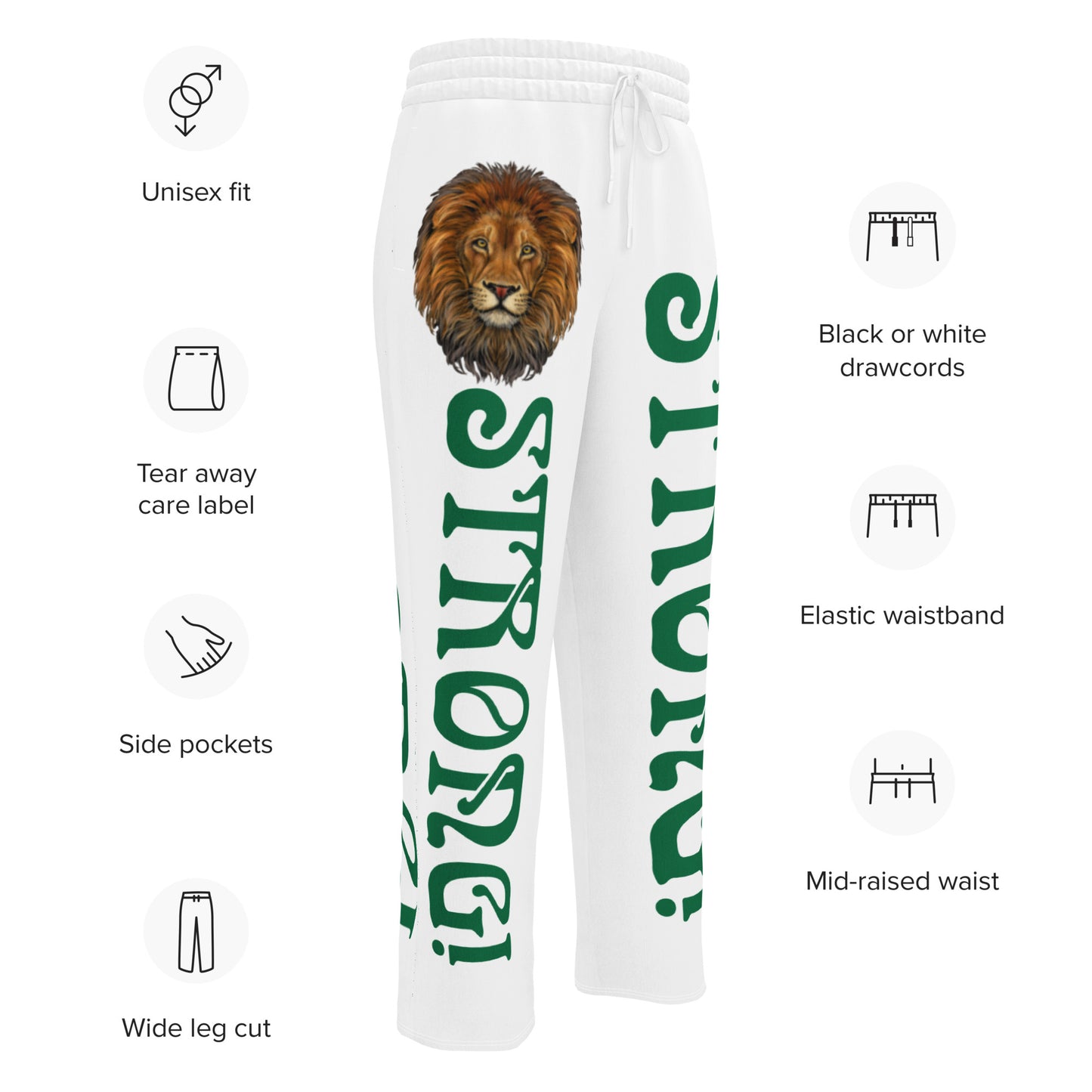 “STRONG!” White Wide-Leg Joggers W/Green Font