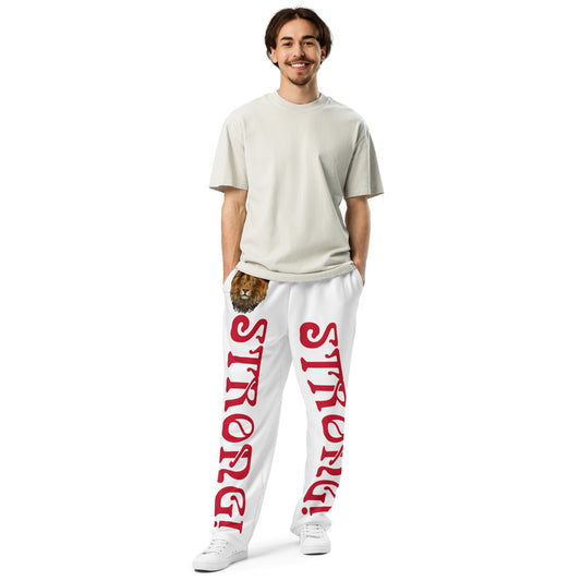 “STRONG!” White Wide-Leg Joggers W/Red Font