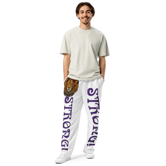 “STRONG!” White Wide-Leg Joggers W/Purple Font