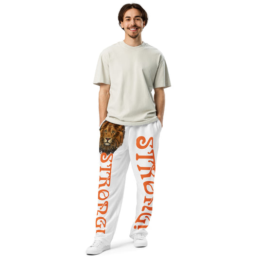 “STRONG!” White Wide-Leg Joggers W/Orange Font