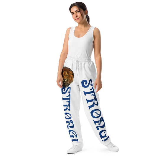 “STRONG!” White Wide-Leg Joggers W/Navy Font