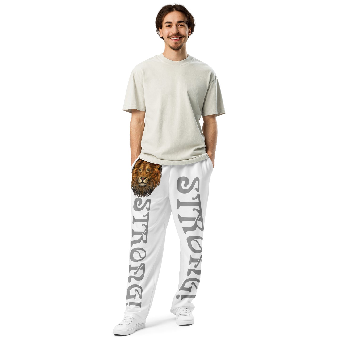 “STRONG!” White Wide-Leg Joggers W/Silver Font