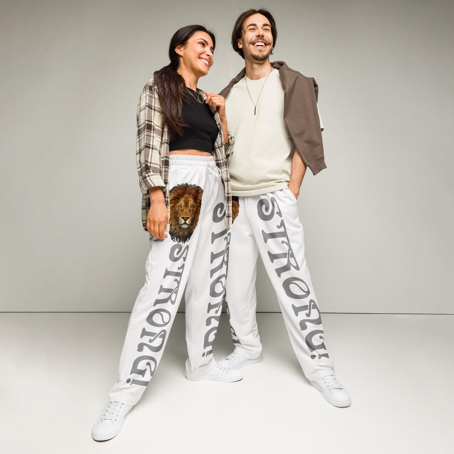 “STRONG!” White Wide-Leg Joggers W/Silver Font