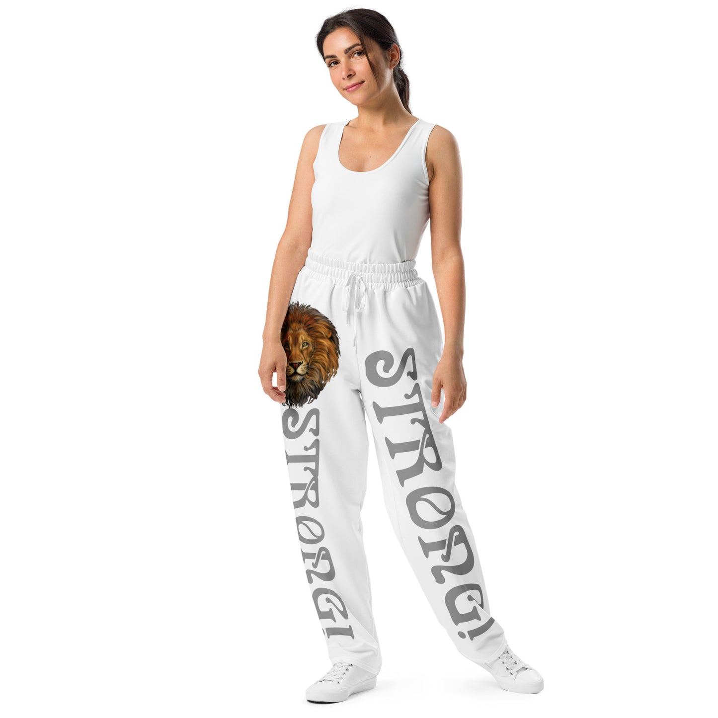 “STRONG!” White Wide-Leg Joggers W/Silver Font