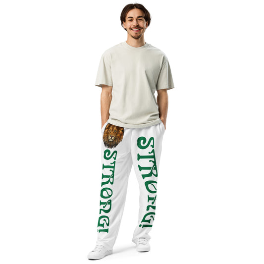 “STRONG!” White Wide-Leg Joggers W/Green Font