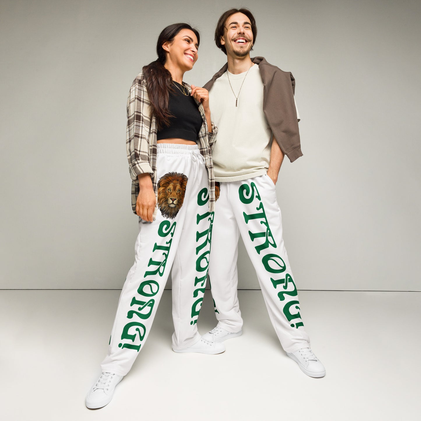 “STRONG!” White Wide-Leg Joggers W/Green Font