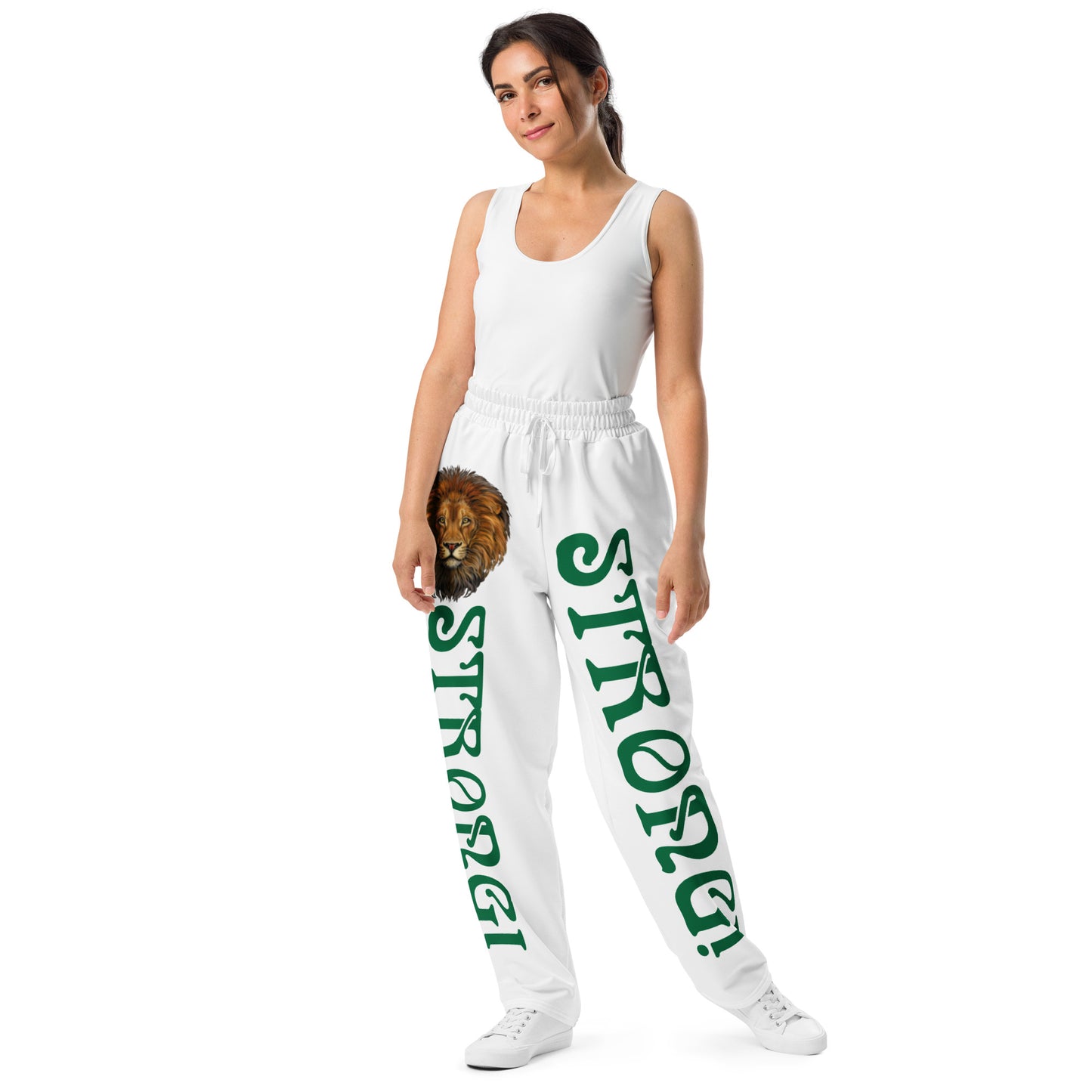 “STRONG!” White Wide-Leg Joggers W/Green Font