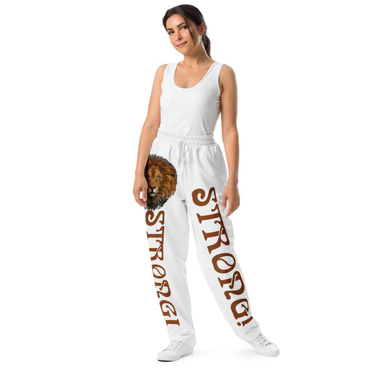 “STRONG!” White Wide-Leg Joggers W/Brown Font