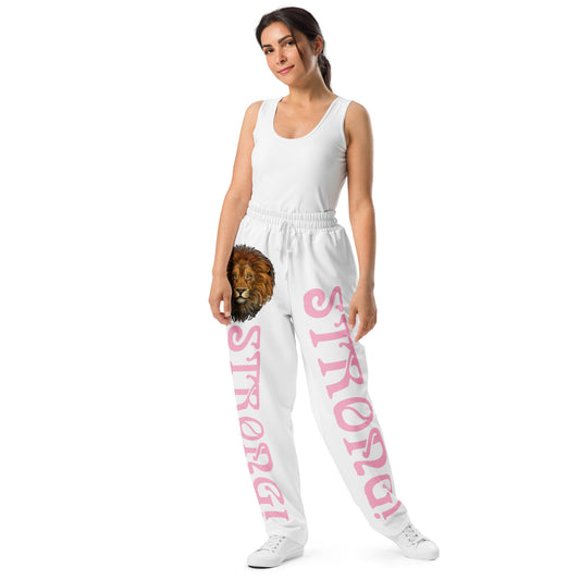 “STRONG!” White Wide-Leg Joggers W/Cotton Candy Font