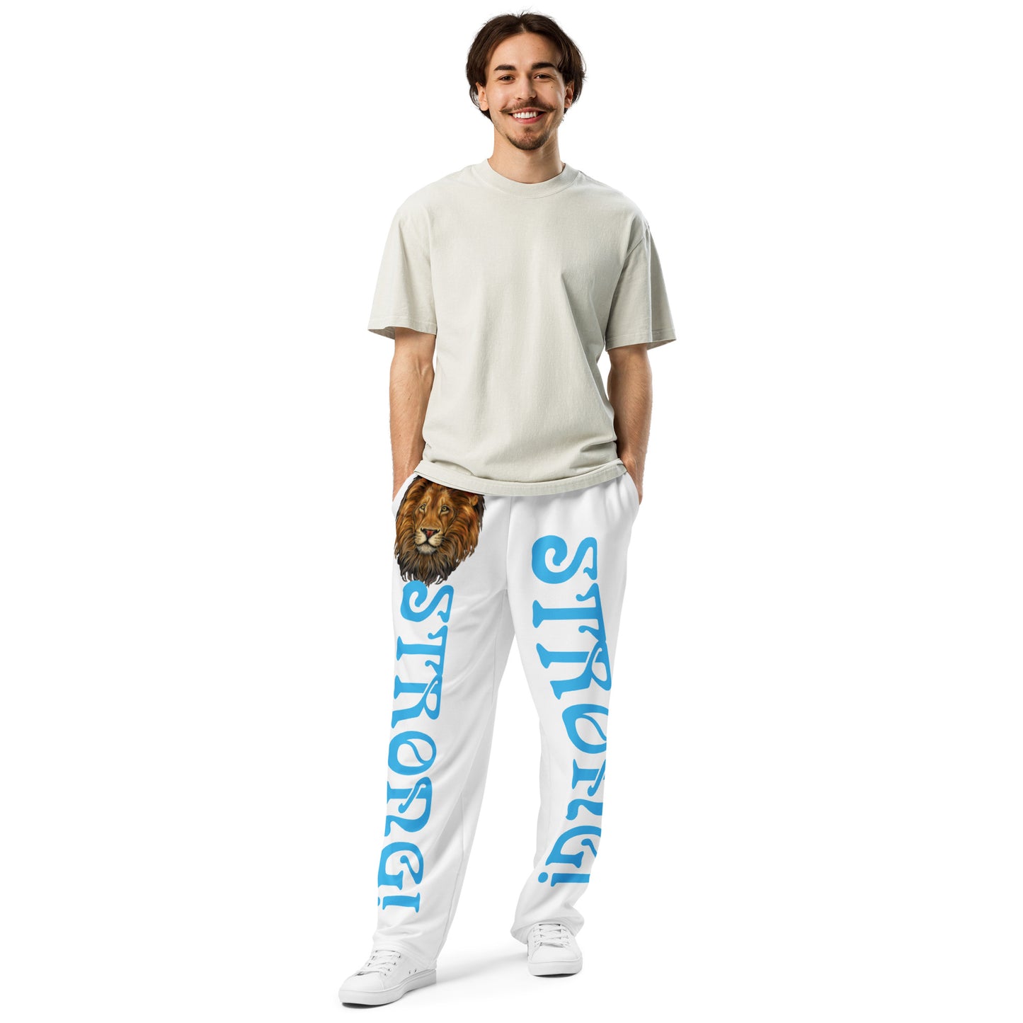 “STRONG!” White Wide-Leg Joggers W/SkyBlue Font