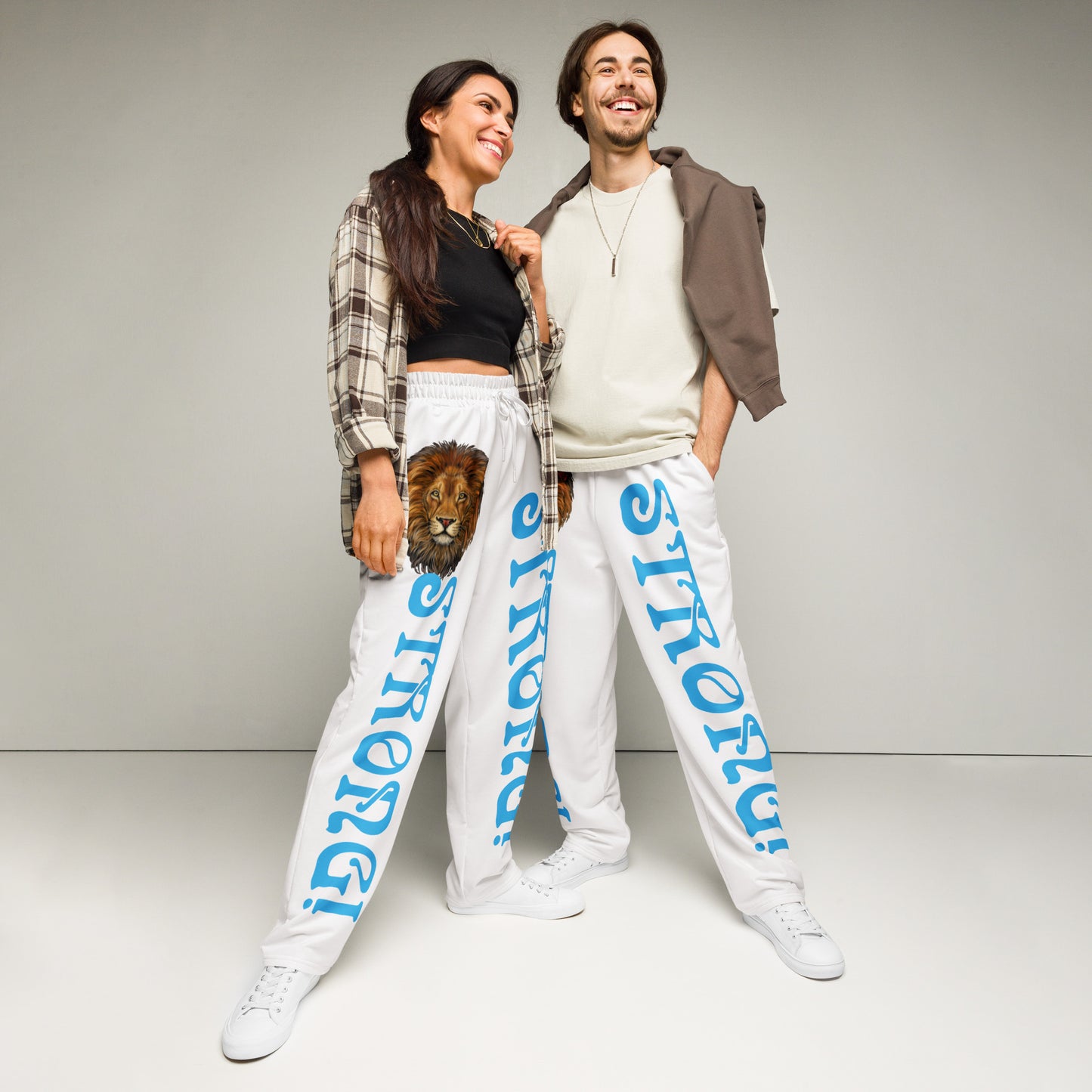 “STRONG!” White Wide-Leg Joggers W/SkyBlue Font