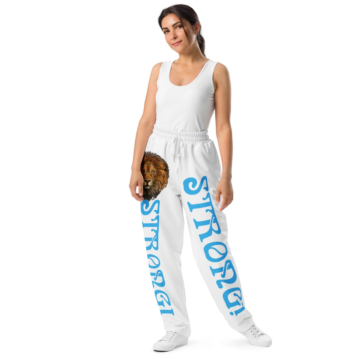 “STRONG!” White Wide-Leg Joggers W/SkyBlue Font