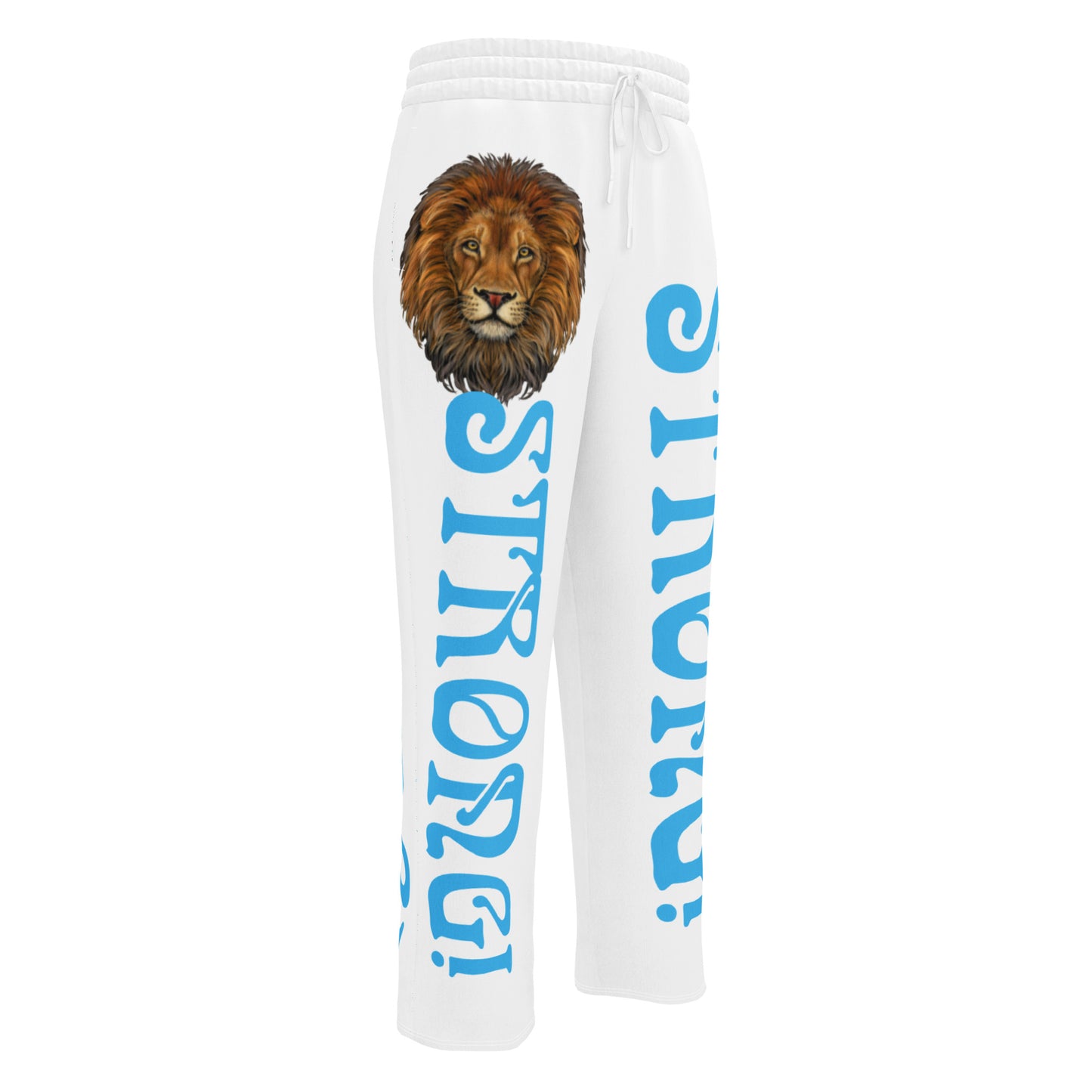 “STRONG!” White Wide-Leg Joggers W/SkyBlue Font