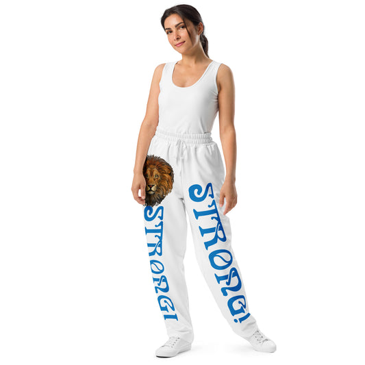 “STRONG!” White Wide-Leg Joggers W/Blue Font