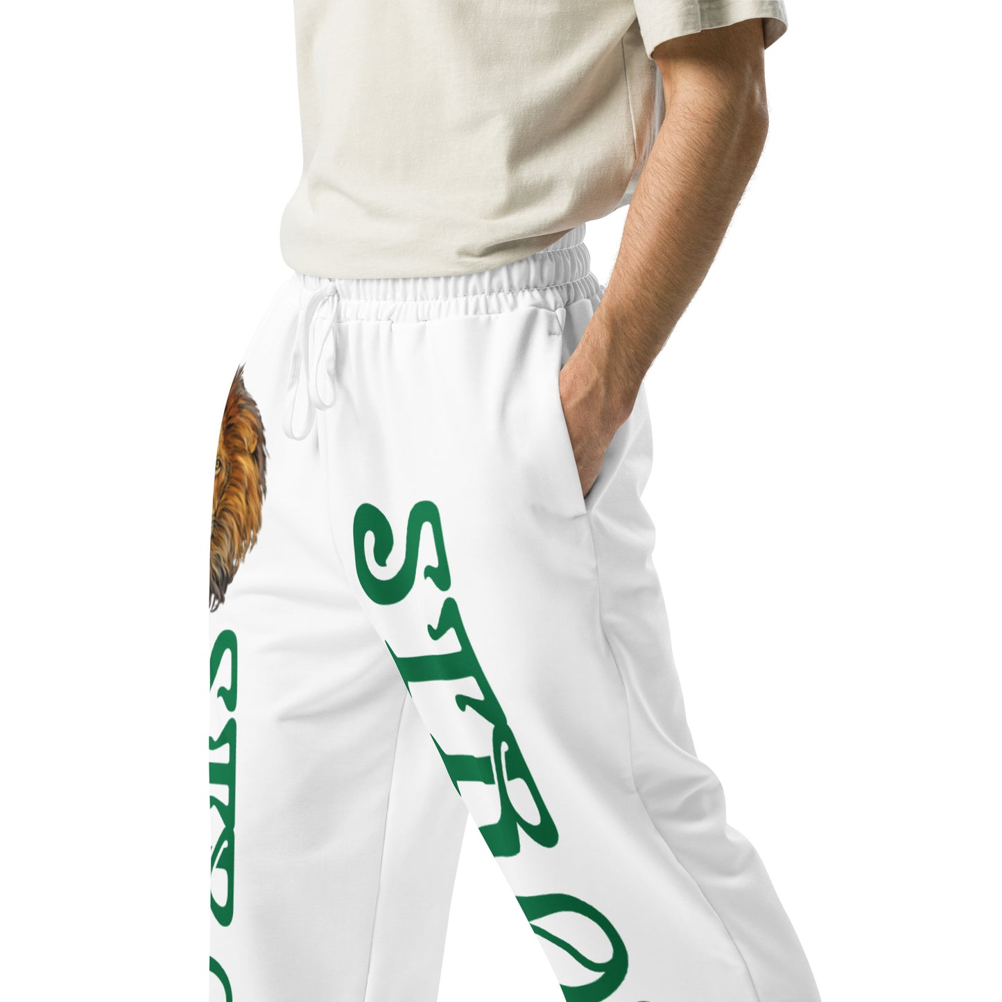 “STRONG!” White Wide-Leg Joggers W/Green Font