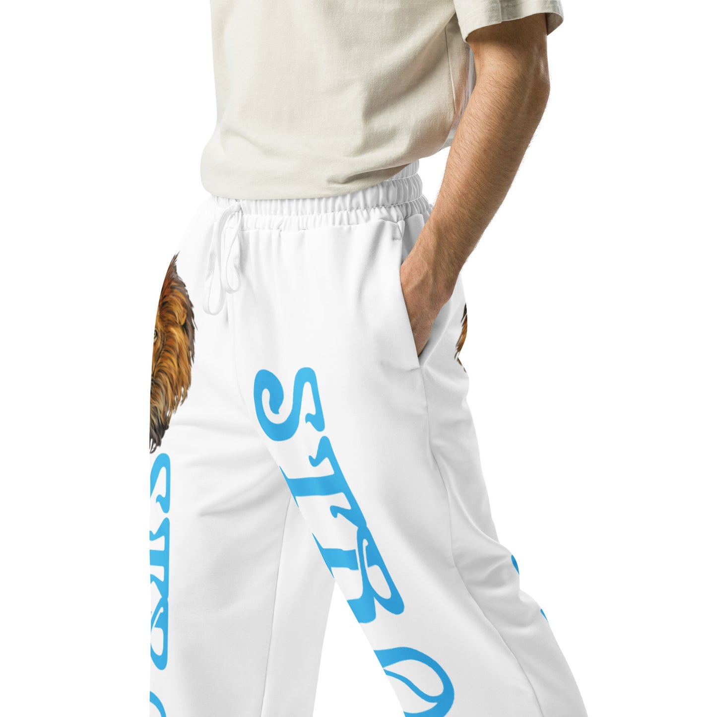 “STRONG!” White Wide-Leg Joggers W/SkyBlue Font