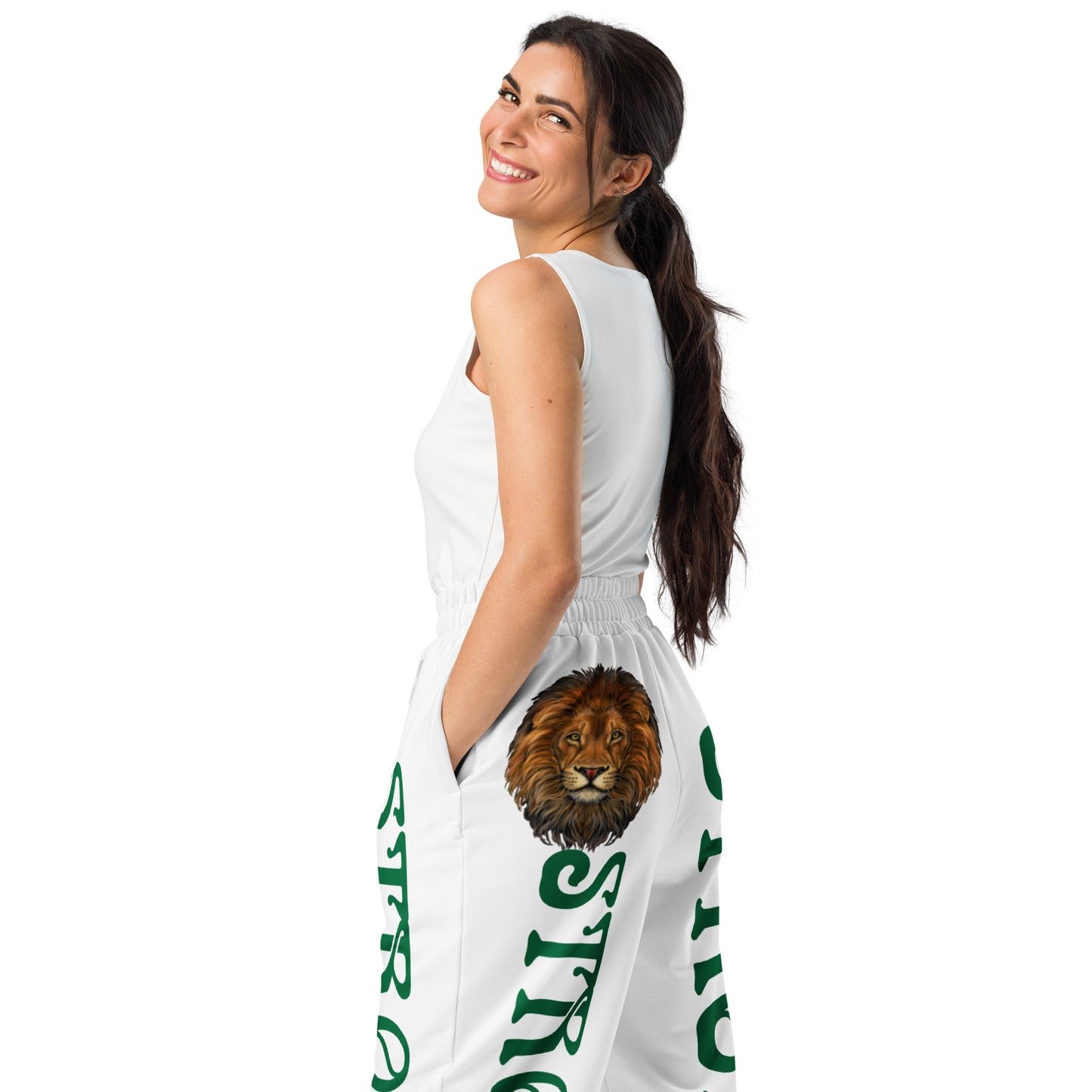 “STRONG!” White Wide-Leg Joggers W/Green Font