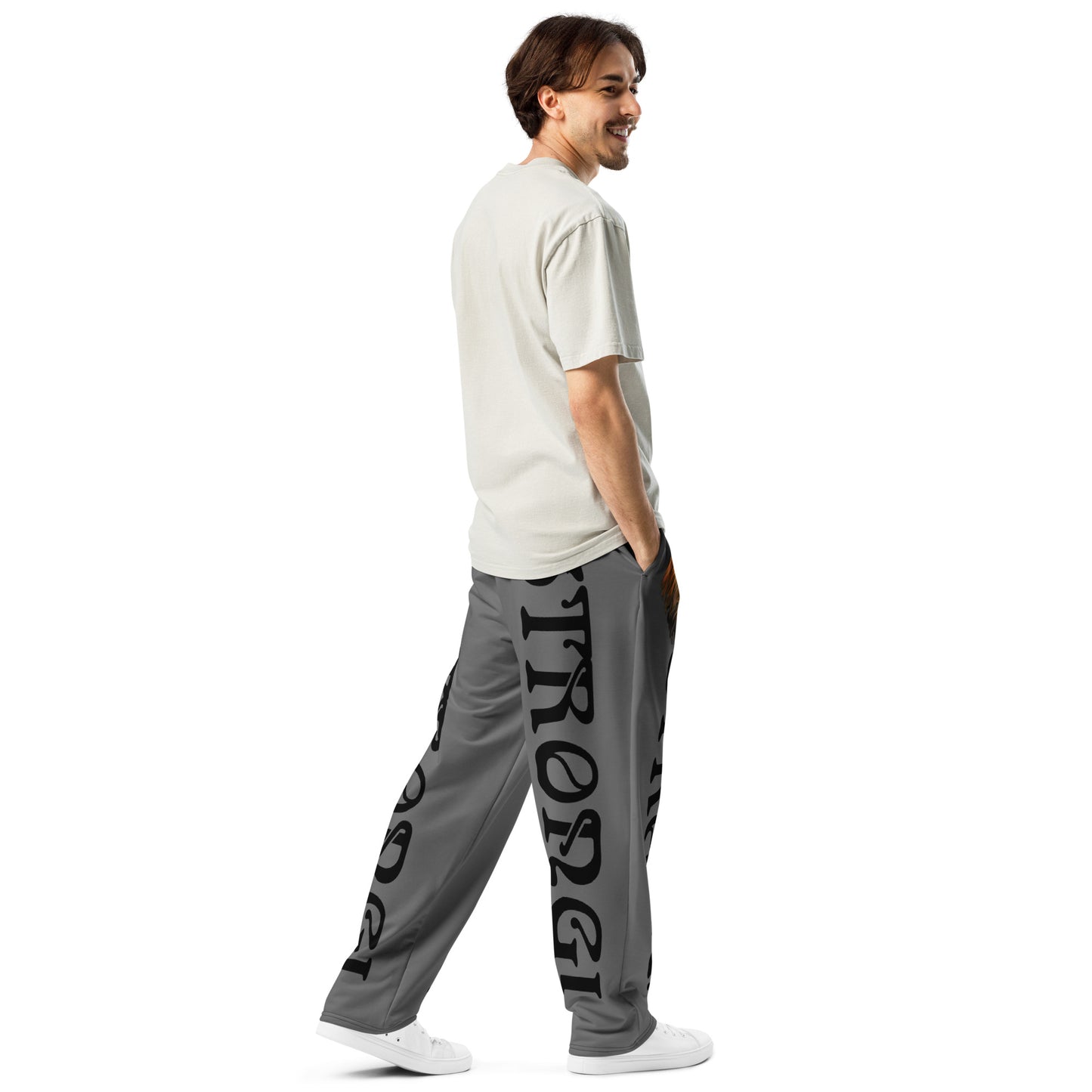 “STRONG”Grey Wide-Leg Joggers W/Black Font