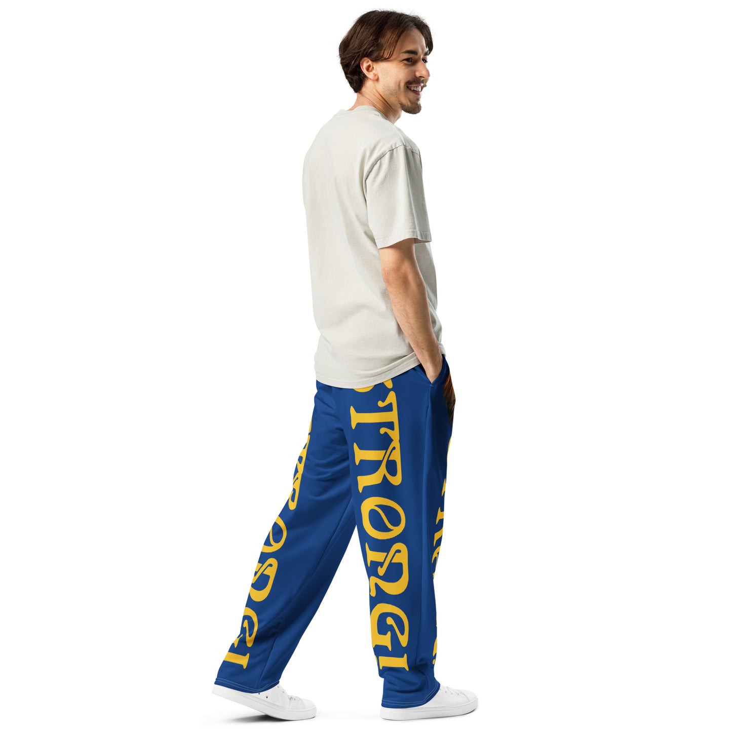 “STRONG!” Blue Wide-Leg Joggers W/Yellow Font