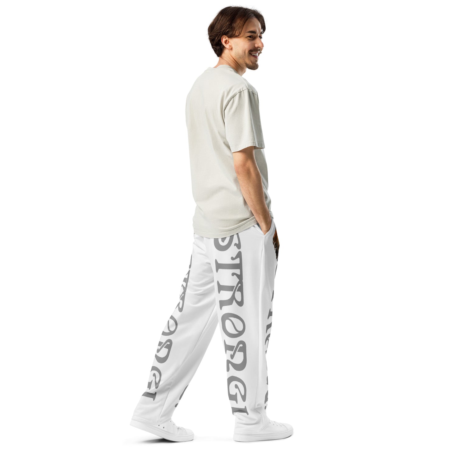 “STRONG!” White Wide-Leg Joggers W/Silver Font