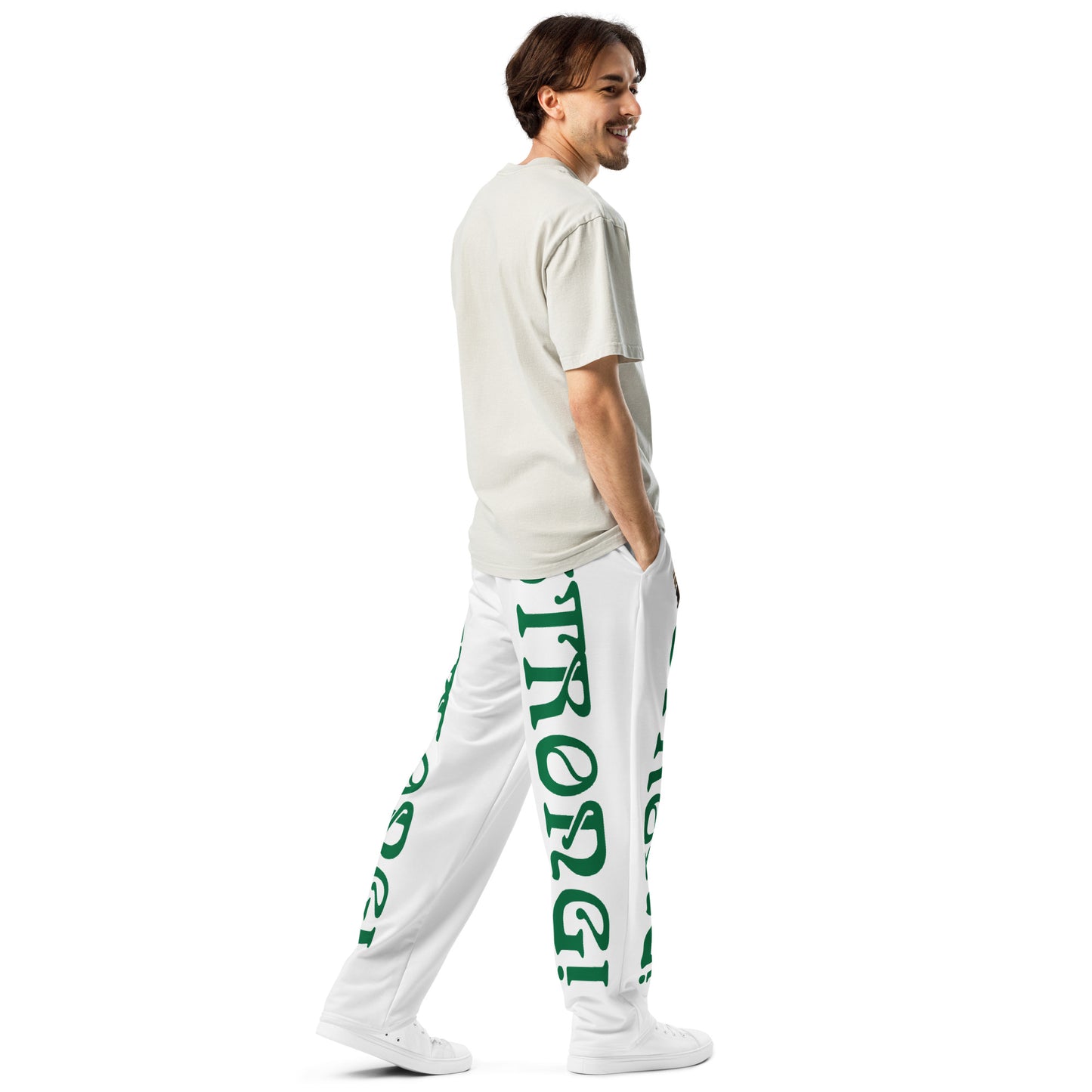 “STRONG!” White Wide-Leg Joggers W/Green Font