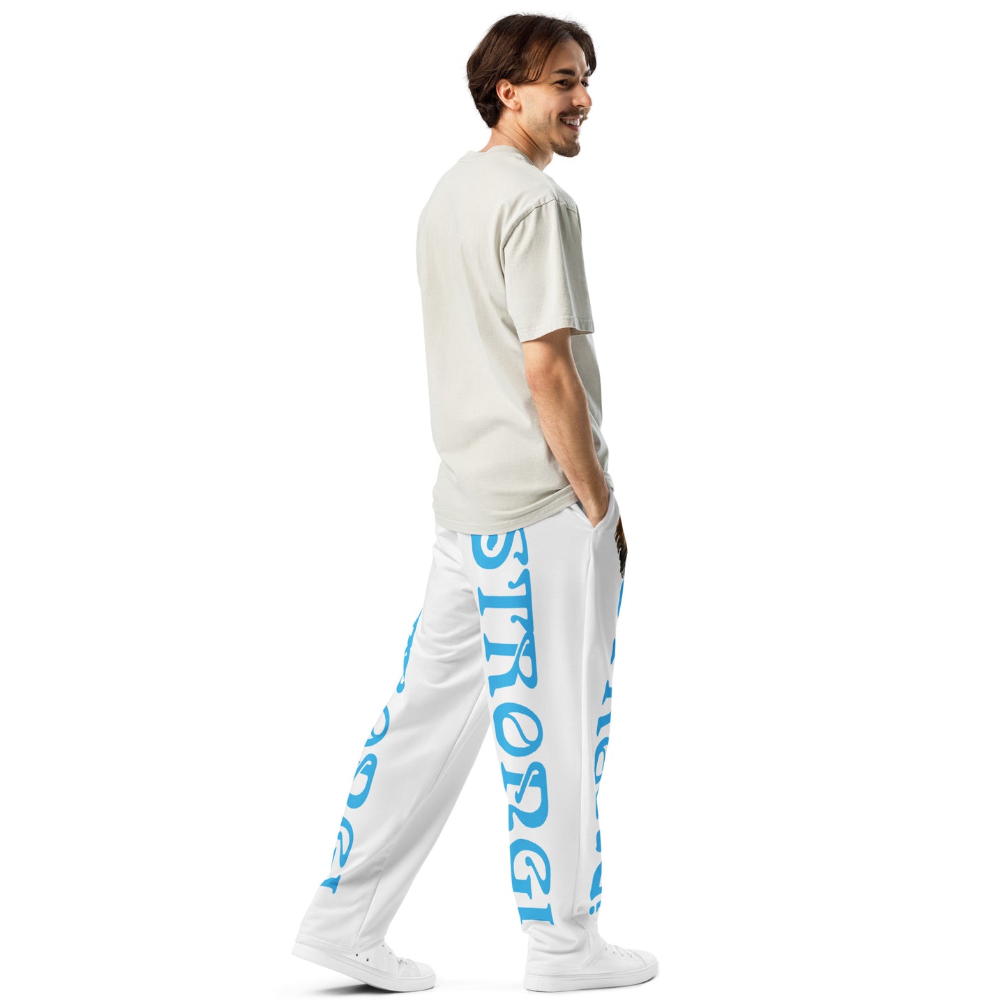 “STRONG!” White Wide-Leg Joggers W/SkyBlue Font