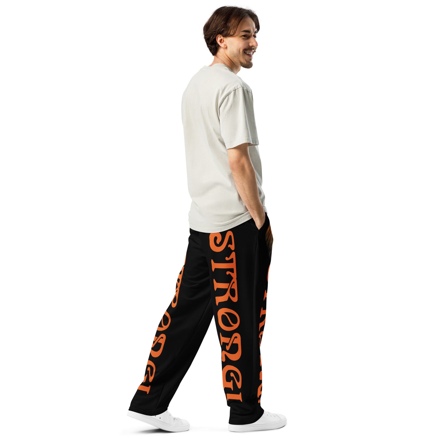 “STRONG!” Black Wide-Leg Joggers W/Orange Font