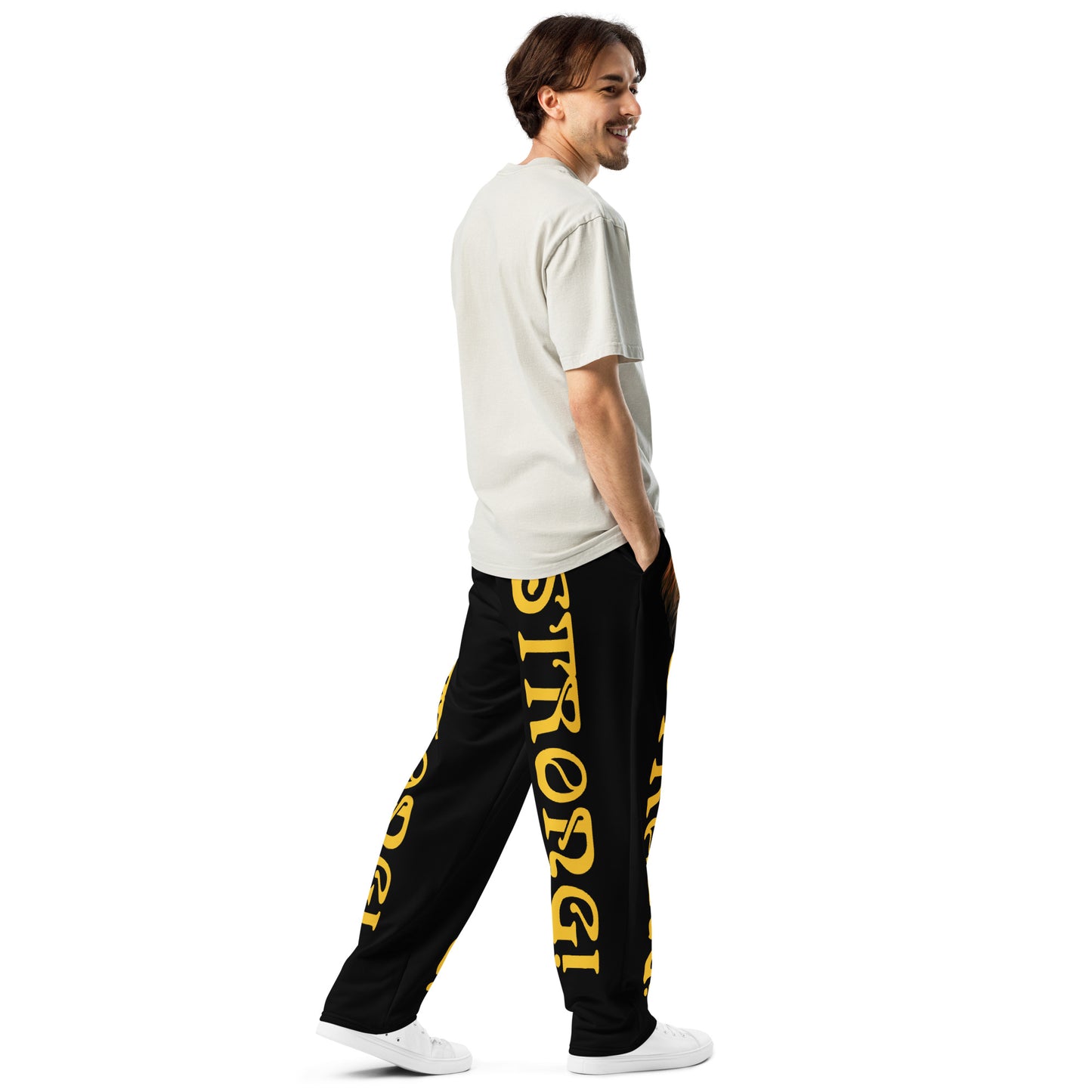 “STRONG!” Black Wide-Leg Joggers W/Yellow Font