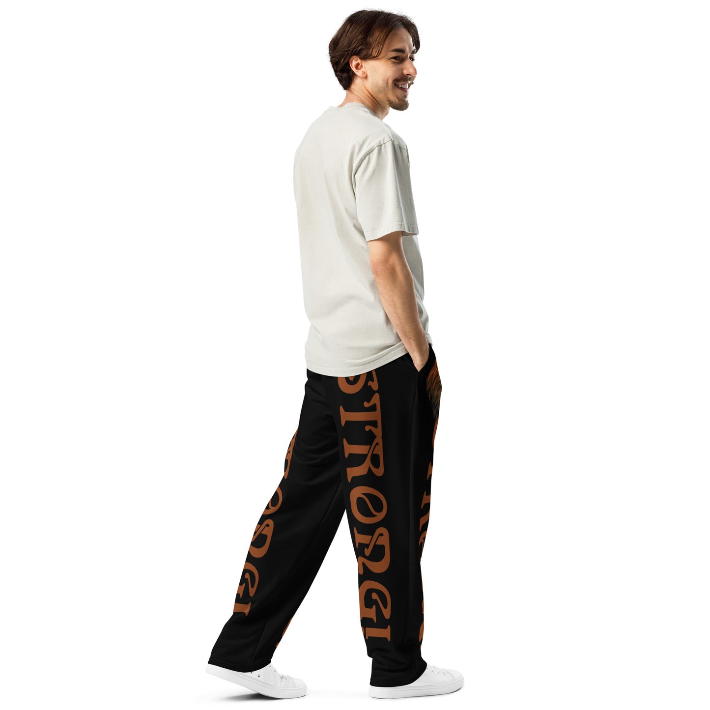 “STRONG!” Black Wide-Leg Joggers W/Brown Font