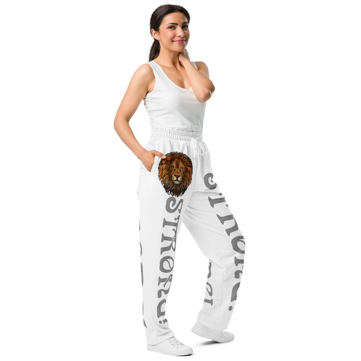 “STRONG!” White Wide-Leg Joggers W/Silver Font