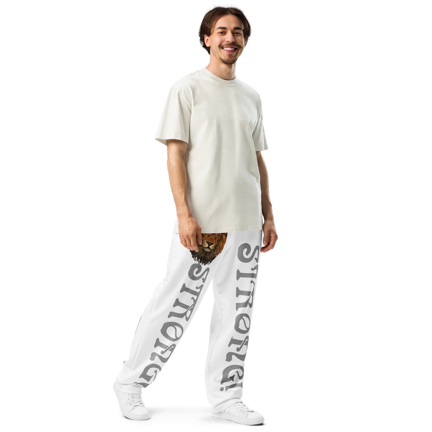 “STRONG!” White Wide-Leg Joggers W/Silver Font