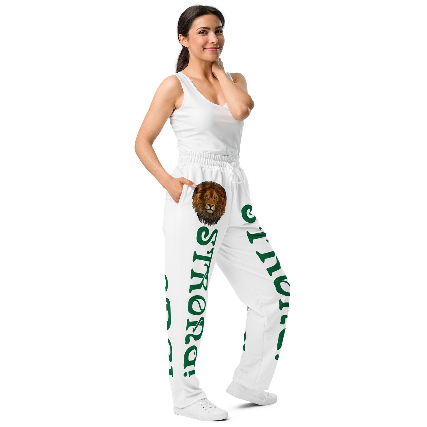 “STRONG!” White Wide-Leg Joggers W/Green Font