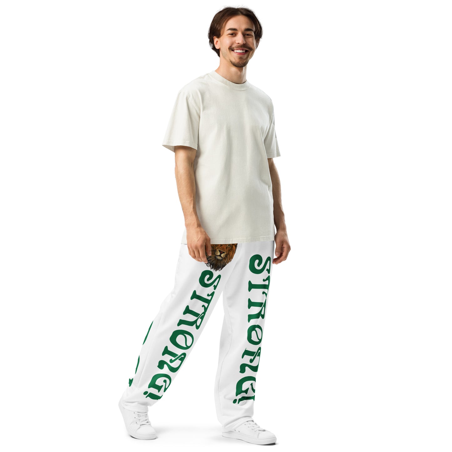 “STRONG!” White Wide-Leg Joggers W/Green Font