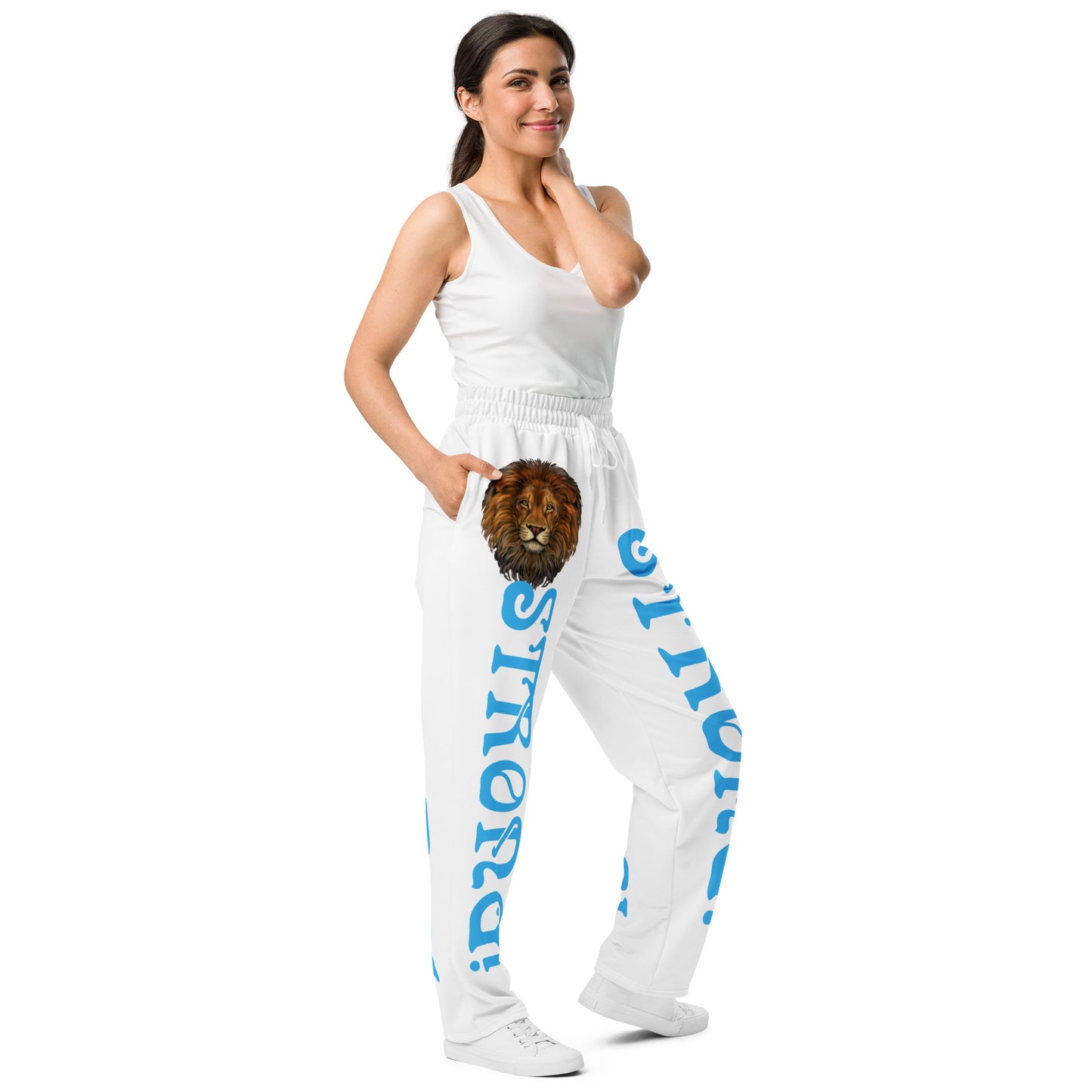 “STRONG!” White Wide-Leg Joggers W/SkyBlue Font