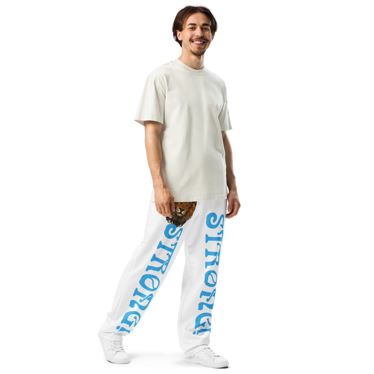 “STRONG!” White Wide-Leg Joggers W/SkyBlue Font