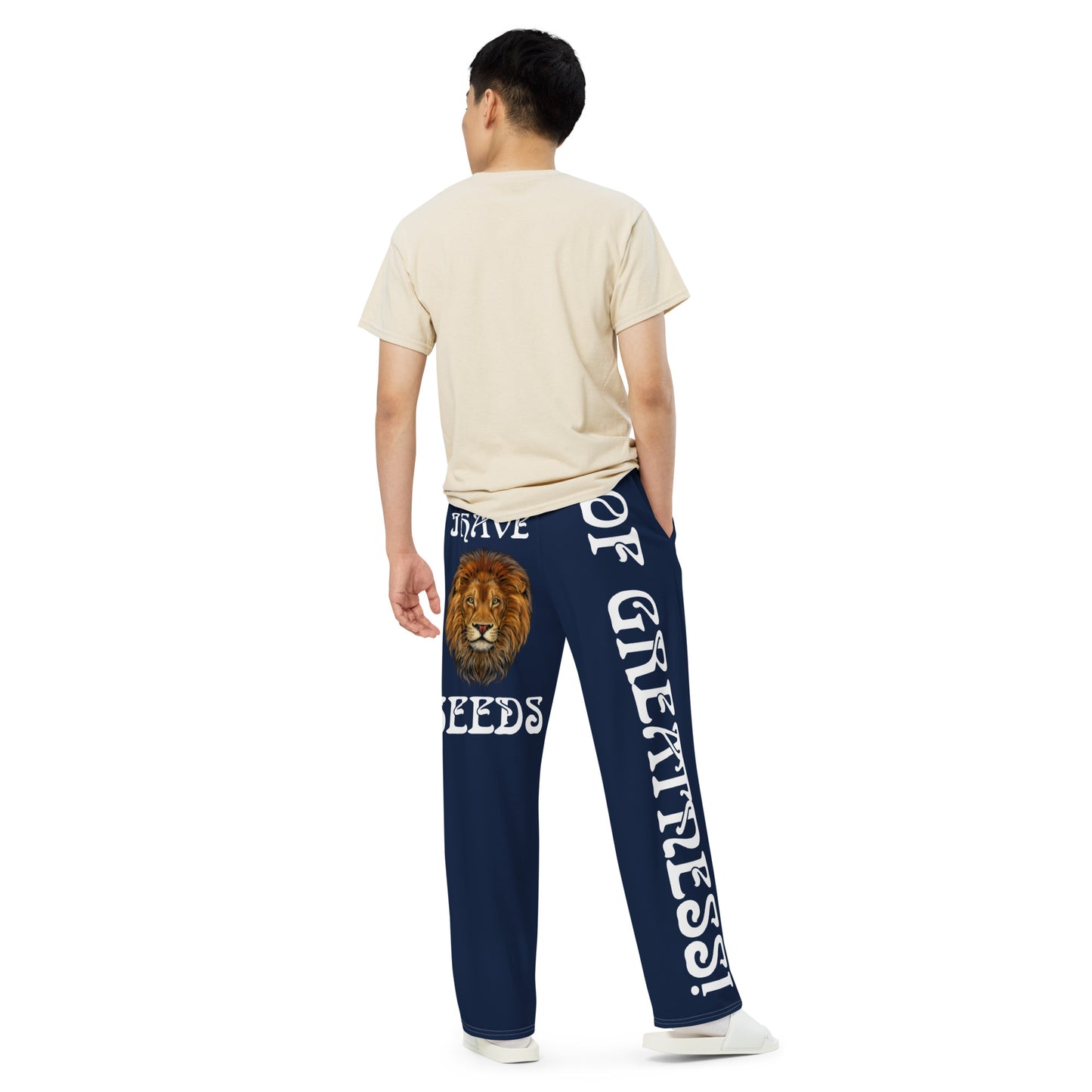 “I HAVE SEEDS OF GREATNESS!” Navy Unisex Wide-Leg Pants W/White Font