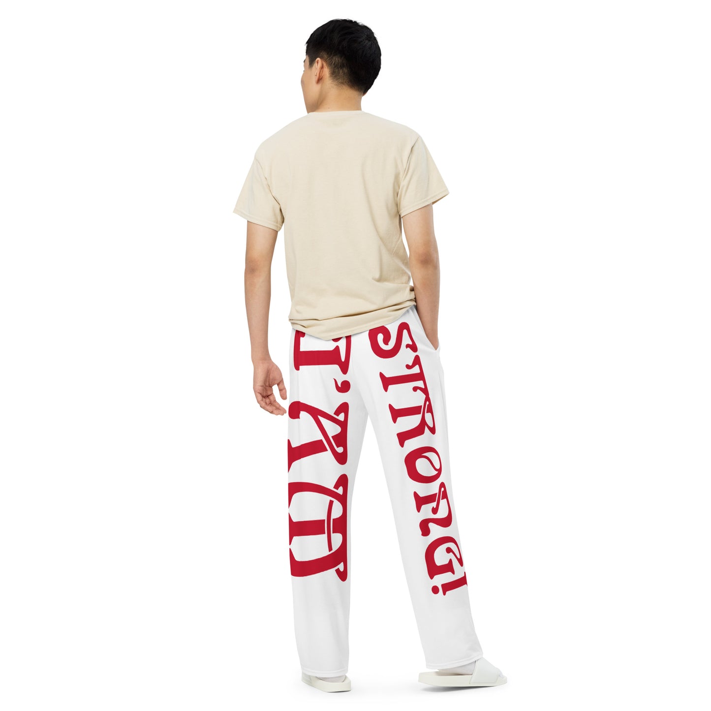 “I’AM STRONG!” White Unisex Wide-Leg Pants W/Red Font