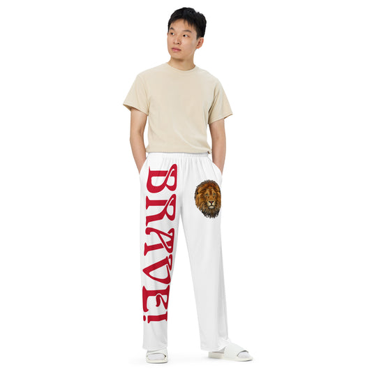 “BRAVE!”White Unisex Wide-Leg Pants W/Red Font