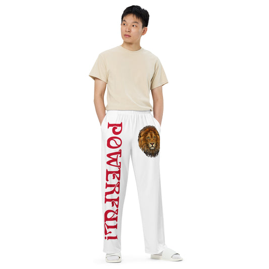 “POWERFUL!”White Unisex Wide-Leg Pants W/Red Font