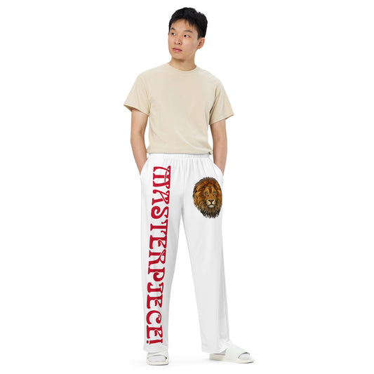 “MASTERPIECE!”White Unisex Wide-Leg Pants W/Red Font