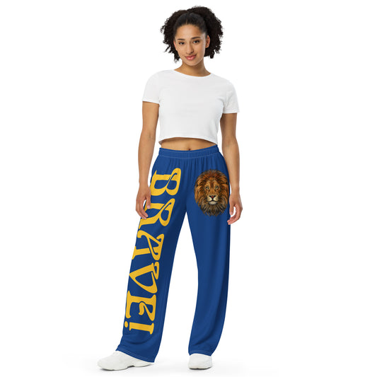 “BRAVE!”Blue Unisex Wide-Leg Pants W/Yellow Font