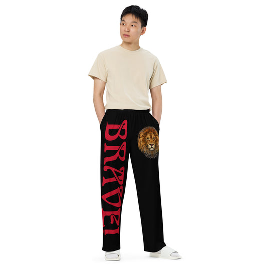 “BRAVE!”Black Unisex Wide-Leg Pants W/Red Font